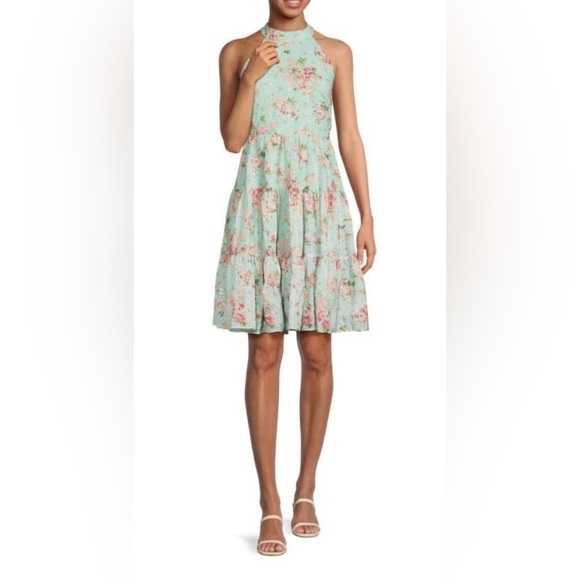 Eliza J. Mint Embroidered Floral Halter Tiered Dress size 8 - Picture 1 of 8